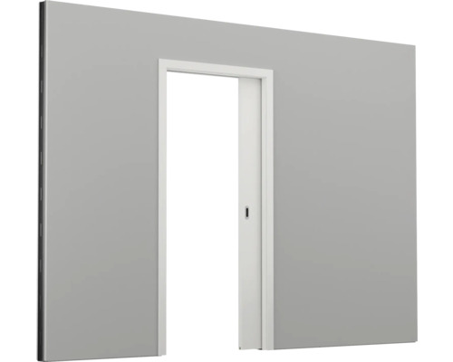Système de porte coulissante avec vantail blanc dans un mur gris