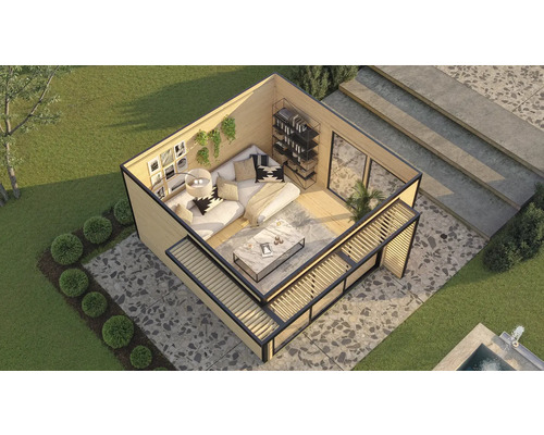Vue de dessus d'une maison de jardin moderne avec coin salon, terrasse et espace extérieur.