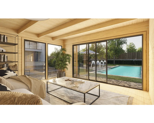Cabane en bois lumineuse avec vue sur la piscine à travers de grandes fenêtres