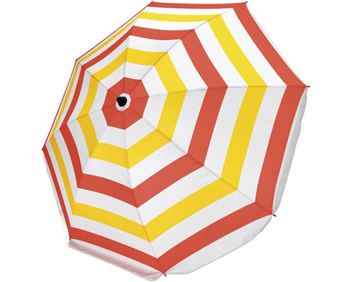Parasol rayé avec des rayures jaunes, rouges et blanches vues d'en bas