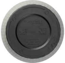 Unterseite eines Pflanzgefäßes mit Angaben zu Größe, Volumen und Bohrlöchern für die Entwässerung