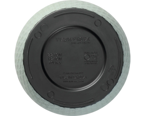 Unterseite eines Blumentopfes mit Größenangaben und Herstellerinformationen