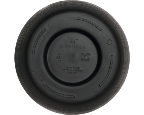 Bodenansicht eines schwarzen Blumentopfes aus Kunststoff mit Herstellerinformationen