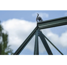 Gros plan d'une serre avec ornement de toit décoratif sur fond de ciel bleu