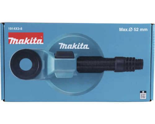 Makita Logo. Bohrschablone mit einem maximalen Durchmesser von 52 Millimetern in der Verpackung.