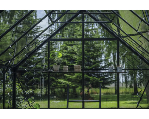 Serre avec plante, fil à ligaturer et accessoires de jardinage sur une étagère