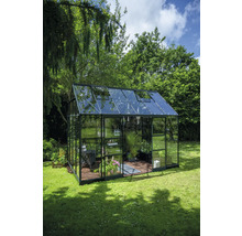 Serre avec parois en verre et plantes dans le jardin.