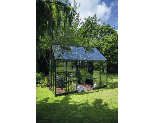 Serre avec parois en verre et plantes dans le jardin.