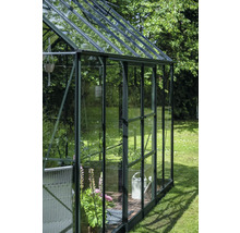 Serre avec plantes et accessoires de jardin dans le jardin