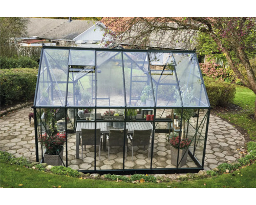 Serre avec plantes et coin salon dans le jardin