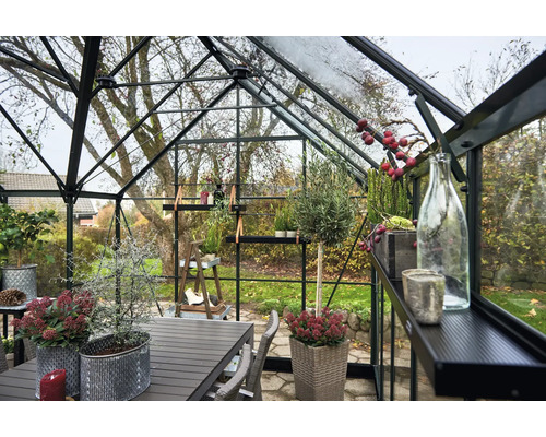 Serre avec table, chaises et plantes pour le jardin