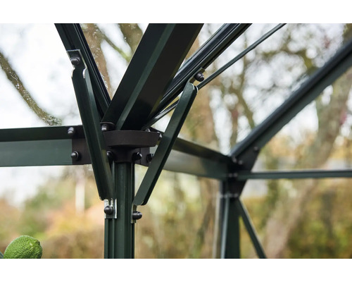 Vue détaillée d'une serre avec cadre métallique et panneaux de verre