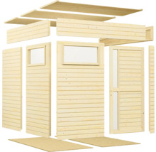 Pièces détachées d'un abri de jardin en bois avec fenêtres et porte