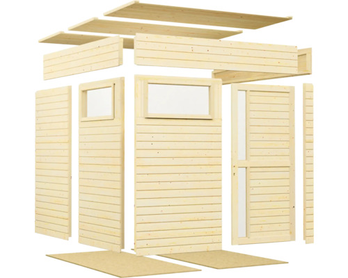 Pièces détachées d'un abri de jardin en bois avec fenêtres et porte