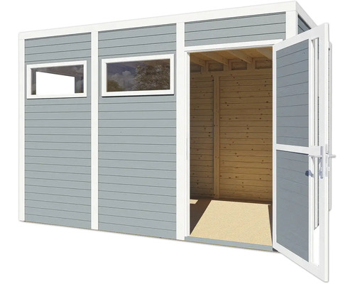 Abri de jardin avec deux fenêtres et double porte ouverte