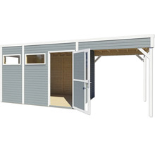 Abri de jardin en bois avec deux fenêtres et une double porte ouverte