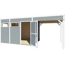 Abri de jardin en bois avec fenêtres et porte ouverte