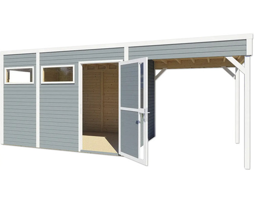Abri de jardin en bois avec fenêtres et porte ouverte