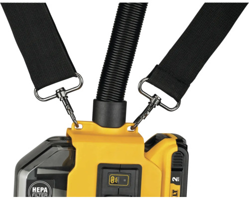 Aufsicht auf einen gelben Staubsauger mit HEPA Filter, einem schwarzen Schlauch und zwei schwarzen Schultergurten