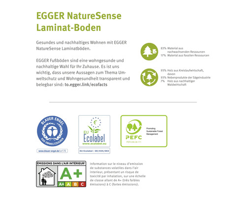Informationen zu EGGER NatureSense Laminatböden, einschließlich Materialzusammensetzung, Umweltzeichen Blauer Engel und EU Ecolabel sowie PEFC Siegel für nachhaltige Waldbewirtschaftung und Emissionsklasse A+