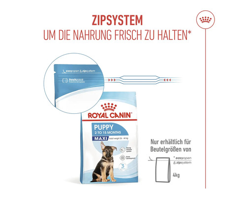 Royal Canin Logo. Verpackung für Welpenfutter mit Zippverschluss für maximale Rassehunde von 2 bis 15 Monaten