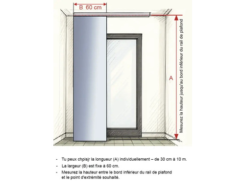 Illustration d'une pièce avec une porte coulissante et des indications de mesure pour le montage