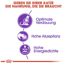 Symbole für optimale Verdauung, hohe Akzeptanz und hohe Energiedichte für Katzenfutter