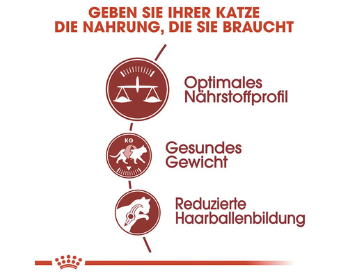 Symbole für optimales Nährstoffprofil, gesundes Gewicht und reduzierte Haarballenbildung bei Katzenfutter