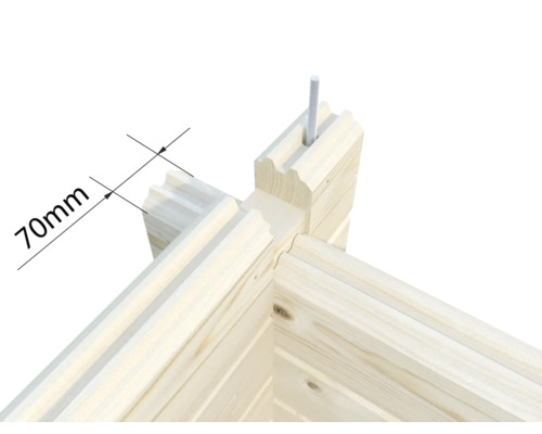 Vue détaillée d'un coin en bois avec une indication de dimension de 70 mm et une vis.