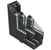 Coupe transversale d'une fenêtre à triple vitrage avec cadre en aluminium