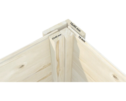 Detailansicht einer Ecke aus Holz mit Maßangaben