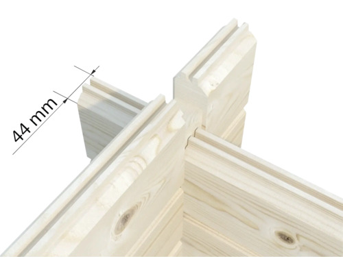 Vue détaillée d'un coin en bois d'une épaisseur de 44 millimètres