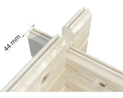 Detailansicht einer 44 Millimeter Blockbohlenwand für ein Gartenhaus