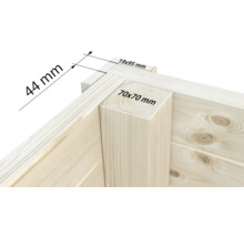 Vue détaillée d'un angle en bois avec les dimensions 44 mm, 19x95 mm et 70x70 mm.