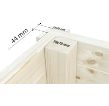 Vue détaillée d'un mur en bois avec indications de dimensions : épaisseur de paroi de 44 mm, 19 x 95 mm et poteaux d'angle de 70 x 70 mm