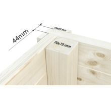 Vue détaillée d'un mur en bois avec les dimensions 44 mm, 19 mm x 95 mm et 70 mm x 70 mm