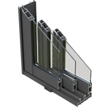 Schnittansicht eines Fensters mit Rahmen und Dreifachverglasung