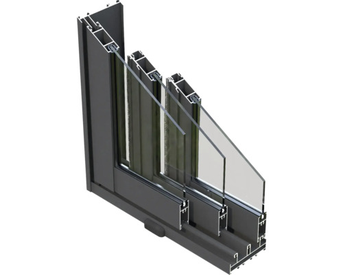 Schnittansicht eines Fensters mit Rahmen und Dreifachverglasung