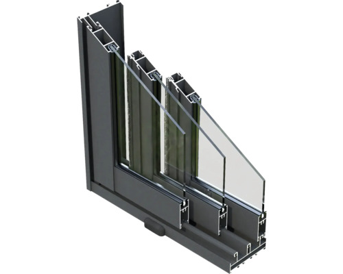 Coupe transversale d'une fenêtre avec plusieurs vitres et cadres