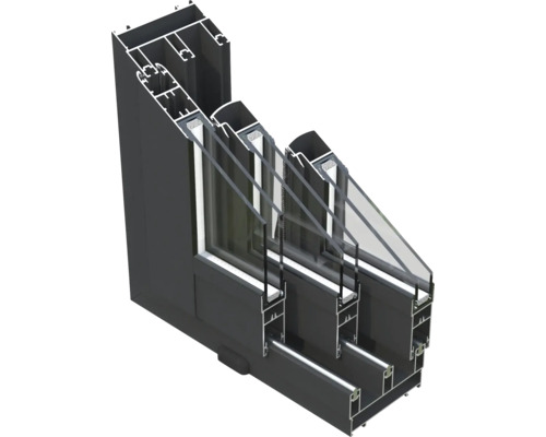Image en coupe d'une construction de fenêtre en aluminium avec vitrage multiple
