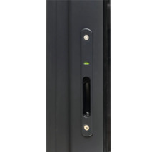 Vue détaillée d'une poignée de porte coulissante noire avec niveau à bulle intégré