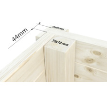 Détail d'une maison en bois avec indications de dimensions : épaisseur de paroi de 44 mm, planche de toit de 19 x 95 mm et poteau d'angle de 70 x 70 mm.