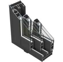 Schnittdarstellung eines schwarzen Aluminiumfensters mit Dreifachverglasung
