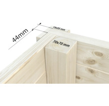 Detailansicht eines Holzhauses mit den Maßen 44 mm, 19x95 mm und 70x70 mm