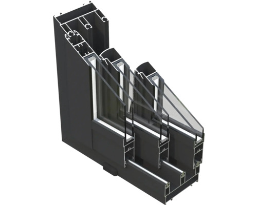Querschnitt eines dreifach verglasten Fensters mit Aluminiumrahmen