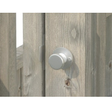 Une porte en bois avec un bouton de porte rond argenté.