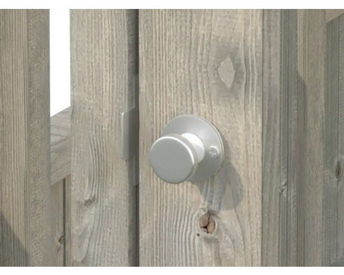 Une porte en bois avec un bouton de porte rond argenté.