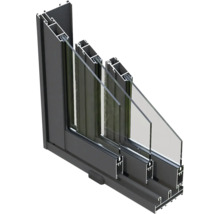 Coupe d'une fenêtre avec vitrage multiple et cadre