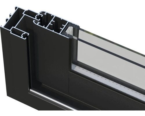 Section transversale d'un cadre de fenêtre en aluminium noir avec verre