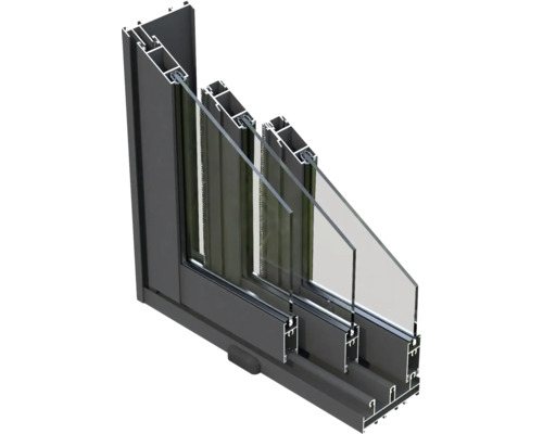 Schnittdarstellung eines Fensters mit Dreifachverglasung und Rahmen